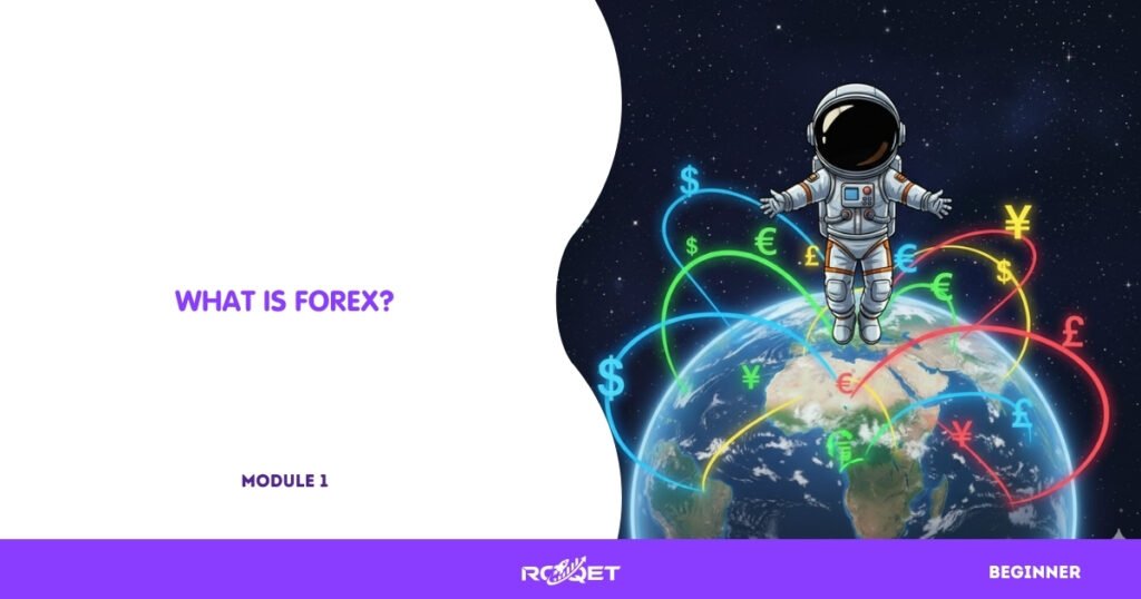 A comic-style scene showing a small astronaut floating above Earth, watching streams of glowing currency symbols ($, €, £, ¥) flowing between continents like neon trade routes — a playful representation of global FX flow. No text, no split frames.