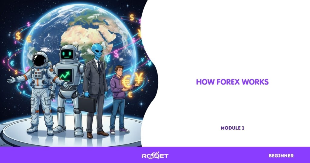 A comic-style lineup of different FX participants — an astronaut trader, a big friendly bank robot, a corporate business-suit alien, and a tiny retail human — all standing in front of a giant glowing rotating currency globe. No text.