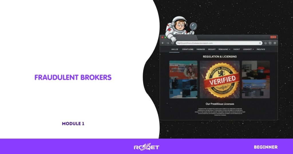 A mockup screenshot of a fake regulator certificate on a shady-looking broker website.
• Platform: Web browser page
• No text readable — just layout elements hinting at a fake badge/seal
• Highlight: suspicious-looking “license” badge
• Astronaut peeking suspiciously from the corner of the webpage