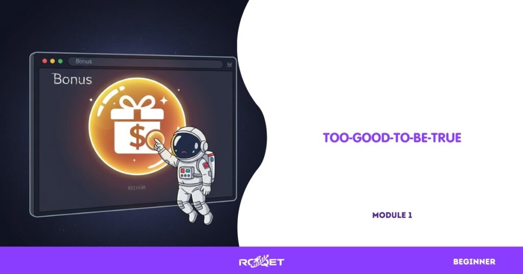 Fake account dashboard showing a giant “bonus” icon that visually overshadows the account balance.
• Platform: Mock trading dashboard (generic)
• Elements shown: big glowing bonus bubble, tiny real balance
• No text
• Astronaut tapping the bonus bubble, confused