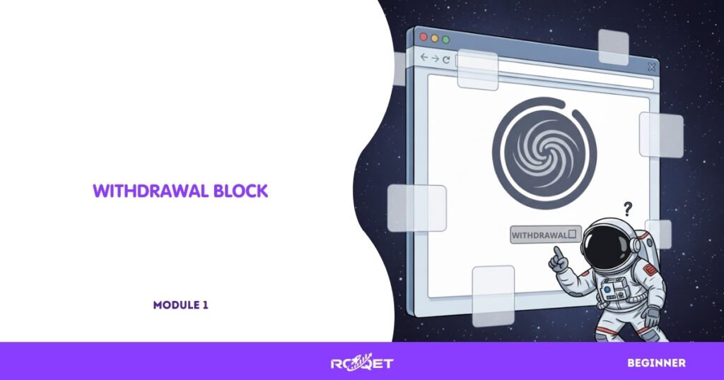 A mock withdrawal page with:
• A loading spinner
• A grayed-out “withdraw” button
• Illogical pop-up shapes (no text) blocking the view
• Astronaut frowning at the stalled withdrawal interface