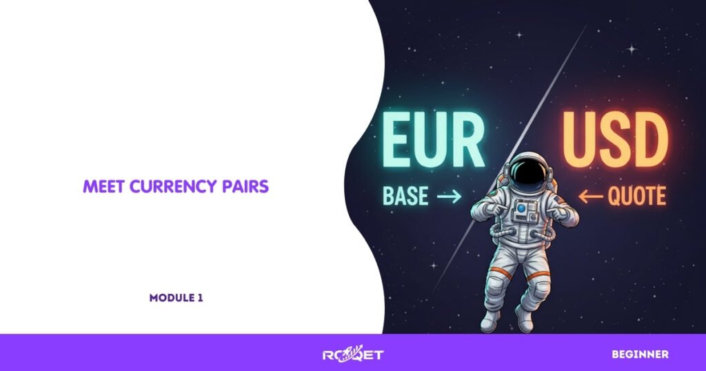 A comic-style scene showing a friendly astronaut pointing at a giant, glowing “EUR/USD” label split into two colorful halves: “EUR” on the left (base currency) and “USD” on the right (quote currency). Arrows show which side is base and which is quote. No text in the image; the visual structure itself communicates the idea.