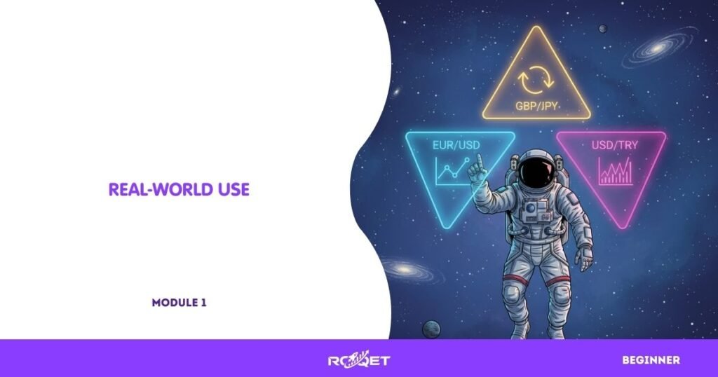 A comic-style astronaut selecting different currency pairs floating like holographic cards: “EUR/USD,” “GBP/JPY,” and “USD/TRY,” each shining in different colors to represent majors, minors, and exotics. Stars and a soft galaxy background keep the theme subtle.