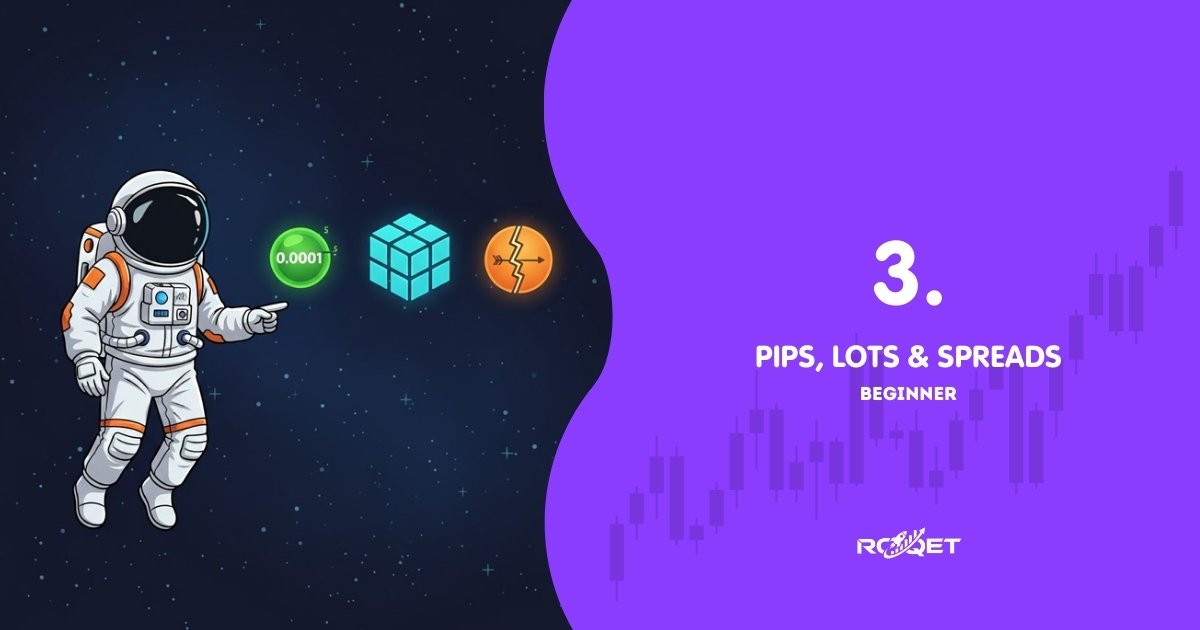 A comic-style astronaut hovering beside three glowing floating icons labeled visually (no text) as: a tiny decimal place (pip) a stacked cube (lot size) two prices with a gap between them (spread) All floating in space with soft stars in the background.