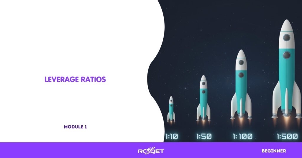 A simple, text-free comparison of different leverage ratios represented by rockets of increasing size:
small rocket (1:10), medium rocket (1:50), large rocket (1:100), huge rocket (1:500).
No text — only visual size difference and subtle galaxy background.
