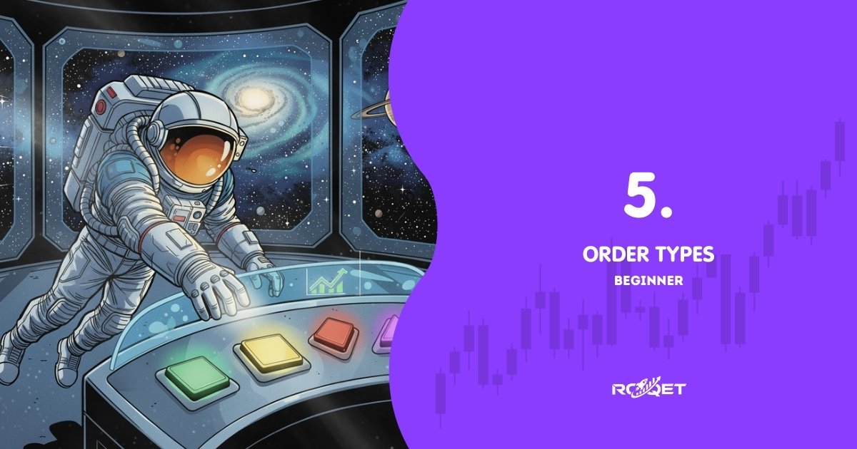 A comic-style astronaut standing at a futuristic control panel with four glowing buttons (representing the four main order types). Each button is a different shape/color (no text). The astronaut floats slightly above the floor with stars and planets in the background — one unified scene, no split frames.