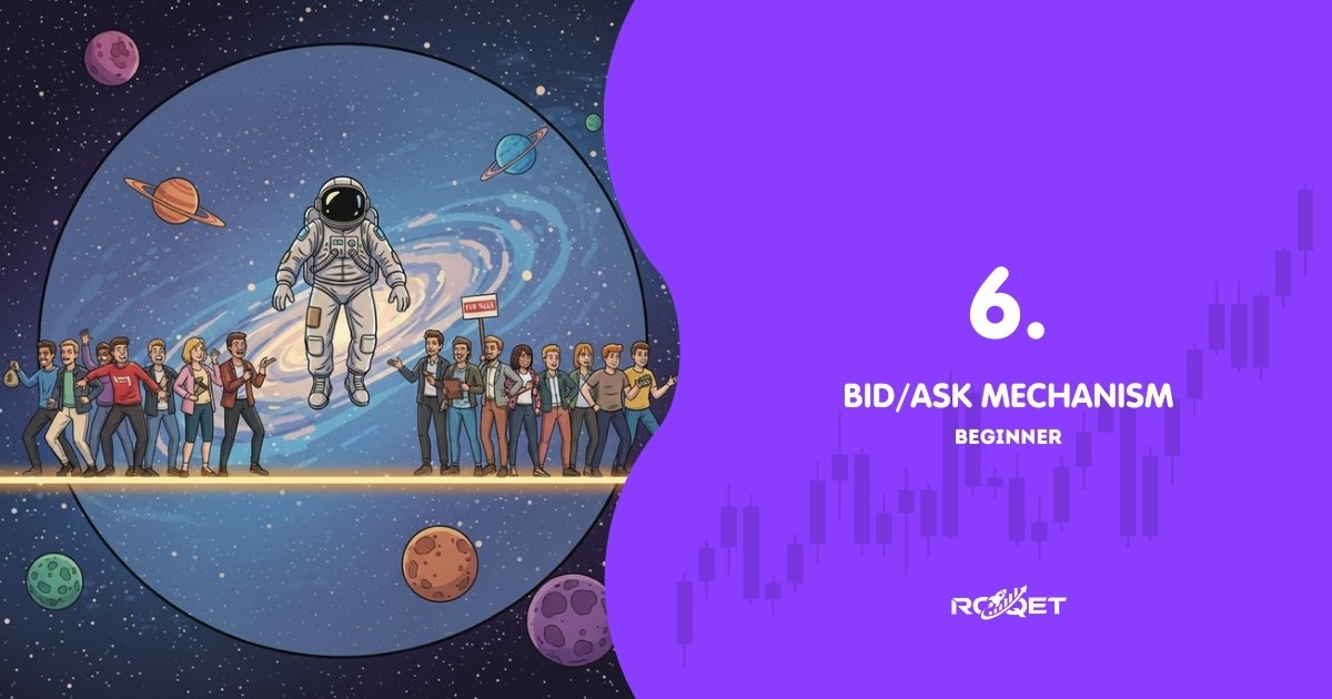 A comic-style astronaut floating between two groups: buyers on the left (bid side) and sellers on the right (ask side), all standing on a glowing horizontal price line in space. Stars and planets in the background, one unified scene, no text.