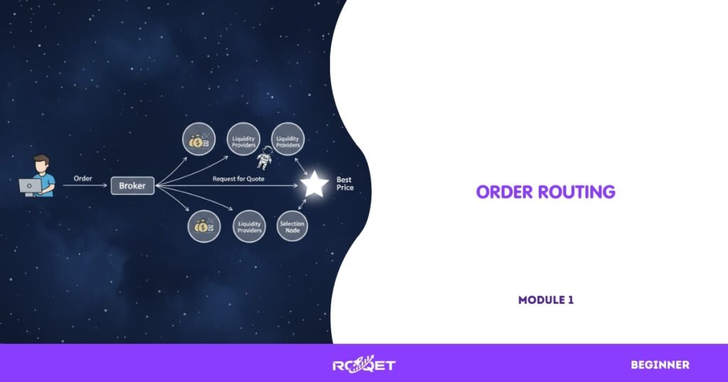 A flow diagram:
Trader → broker → multiple liquidity providers → the best price returned to trader.
A small astronaut floating near the “selection node” where the best quote is chosen.
No text inside the graphic — just arrows and cartoon-style shapes.