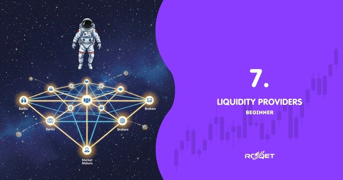 A comic-style scene of an astronaut floating above a “liquidity network” of glowing nodes (banks, market makers, brokers) connected by light beams in space — one single unified illustration, no text, no split frames.