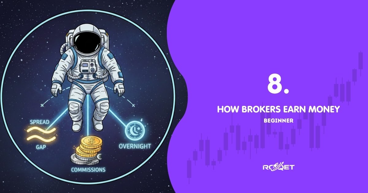 A comic-style scene of an astronaut floating above three glowing “revenue streams”: a spread gap, coin-like commissions, and a small overnight clock icon — all connected in a single unified scene, no text, no split frames, subtle galaxy backdrop.
