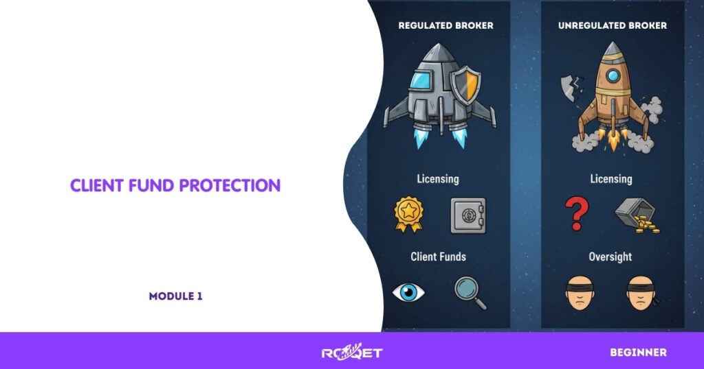 A two-column comparison chart visually contrasting a "Regulated Broker" (represented by a sturdy, armored spaceship with a large "Shield" icon) and an "Unregulated Broker" (represented by a flimsy cardboard box rocket ship with a "Broken Shield" icon). The chart should use simple icons to compare: Licensing (badge vs question mark), Client Funds (locked bank vault vs open, spilled coins), and Oversight (microscope eye icon vs blindfold icon).