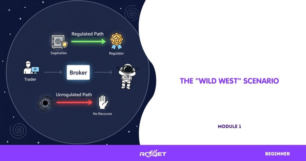 A flowchart graphic showing a simple path: "Trader" icon → "Broker" icon. For the regulated path (Green Arrow): "Broker" icon → "Safety Vault" icon (representing segregation) → "Regulator Badge" icon. For the unregulated path (Red Arrow): "Broker" icon → "Black Hole" icon (representing funds disappearing) → "Empty Hand" icon (representing no recourse). The astronaut should be floating next to the Red Arrow path, shaking their head.